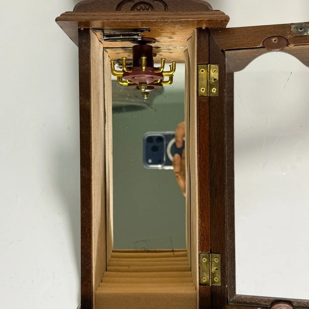 Vintage Wood Jewelry Cabinet Necklace Carousel Etched Glass Mirrored Ring Holder